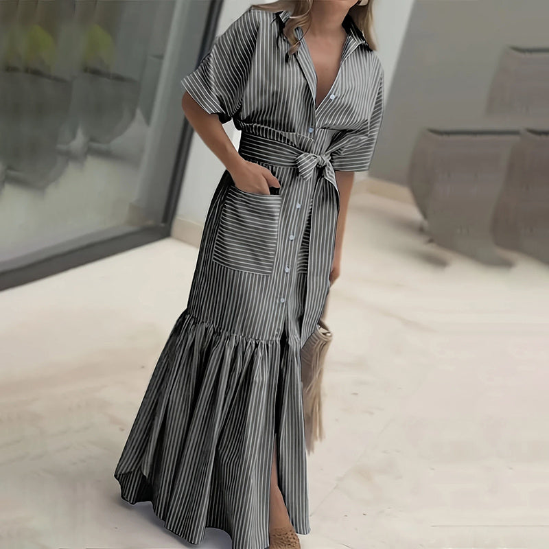 Women's Summer Maxi Dress Tie Waist Short Sleeve Shirt Dress With Pockets