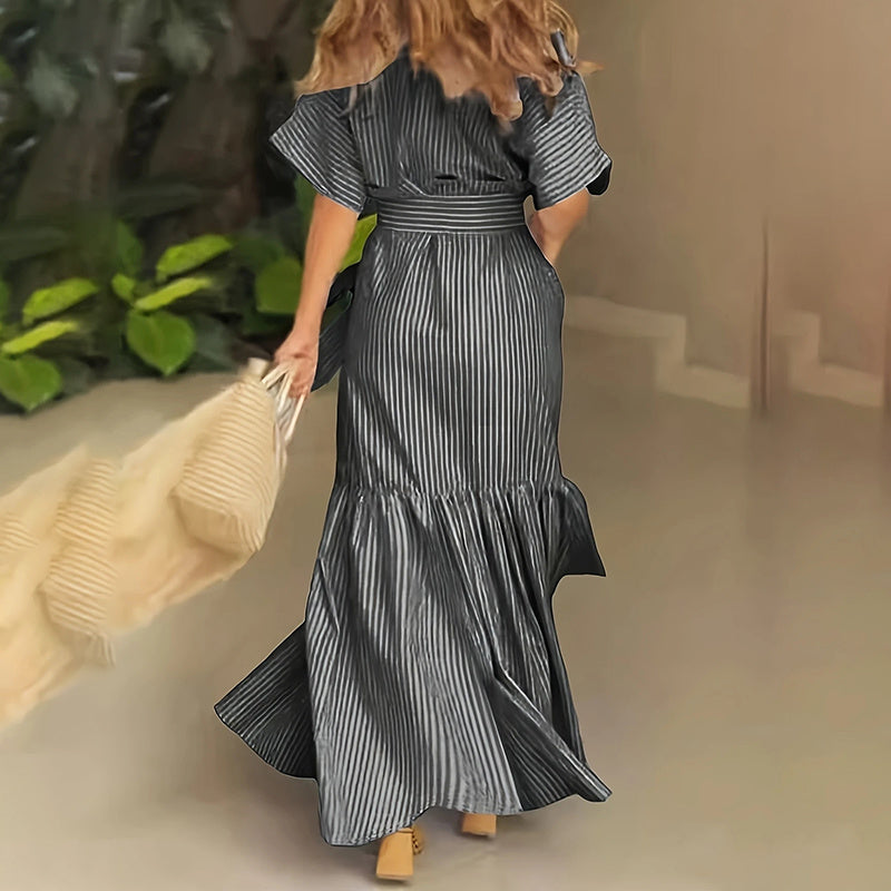 Women's Summer Maxi Dress Tie Waist Short Sleeve Shirt Dress With Pockets