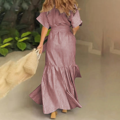 Women's Summer Maxi Dress Tie Waist Short Sleeve Shirt Dress With Pockets