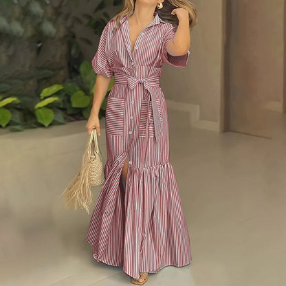 Women's Summer Maxi Dress Tie Waist Short Sleeve Shirt Dress With Pockets