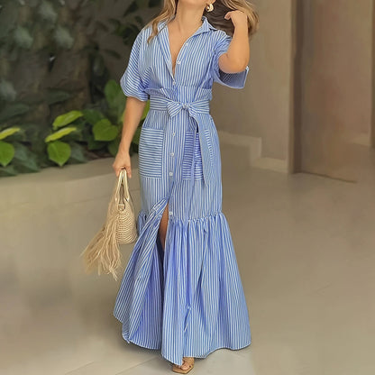 Women's Summer Maxi Dress Tie Waist Short Sleeve Shirt Dress With Pockets