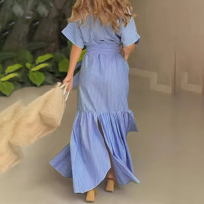 Women's Summer Maxi Dress Tie Waist Short Sleeve Shirt Dress With Pockets